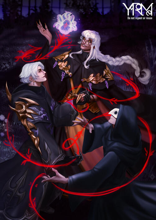 Ilustración tributo de FFXIV mostrando al warrior of light, Emet Selch y Hythlodaeus antes de que se supiera como era su apariencia.