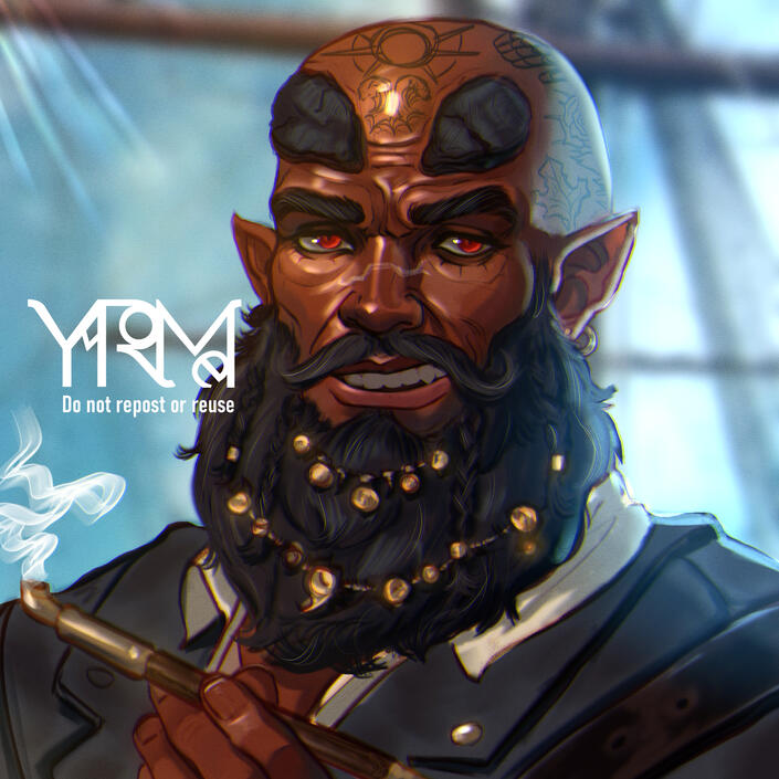 Ilustración de un pirata tiefling con los cuernos cortados, al estilo "hellboy". Tiene una pipa encendida en la mano.
