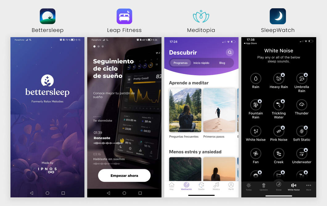 Imagen comparativa de los diferentes diseños de varias aplicaciones móviles de tracking del sueño: bettersleep, leap fitness, meditopia y sleepwatch.