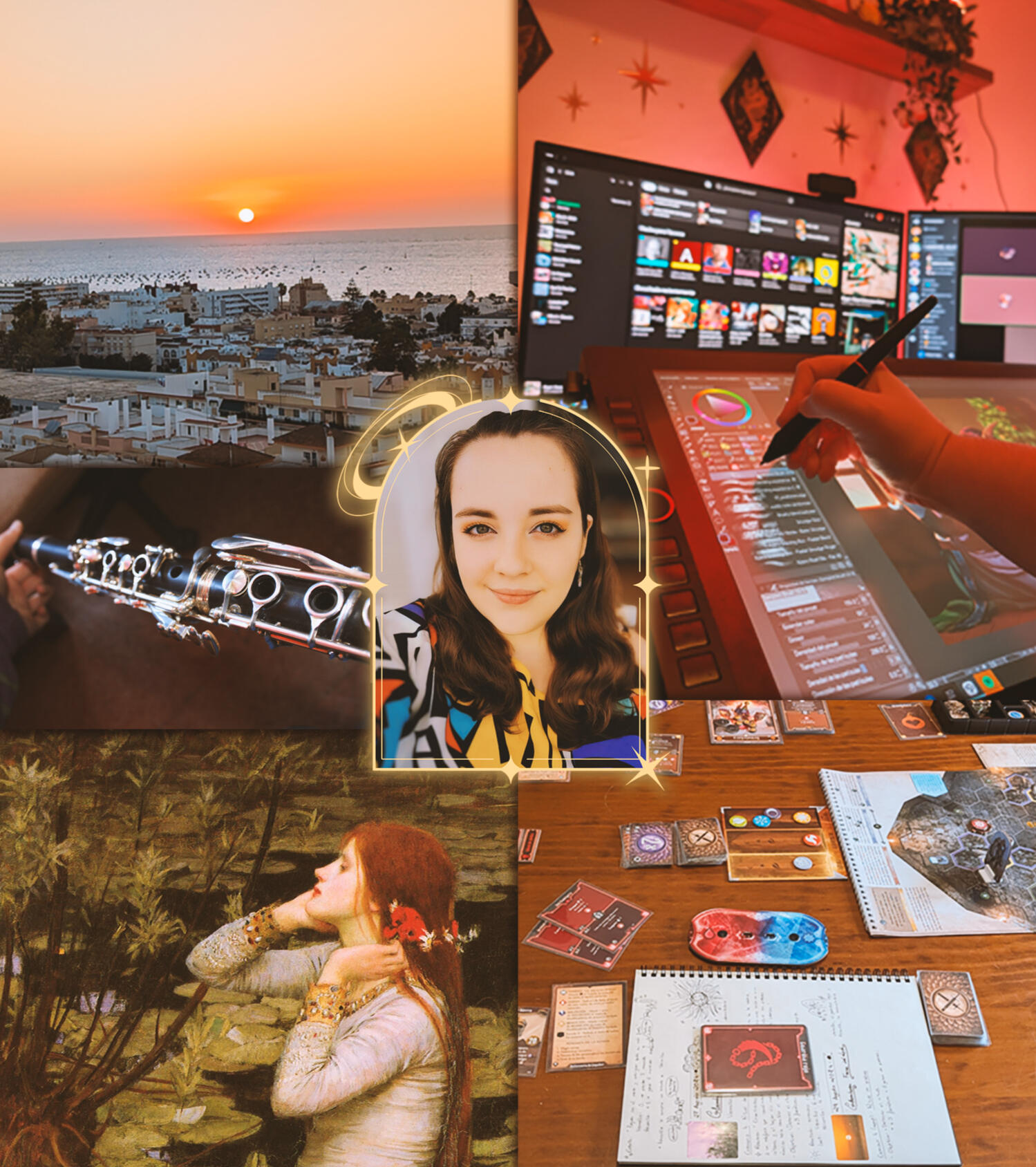 Imagen recopilatoria: una foto de final fantasy X, una foto de un gato siamés, una foto de Málaga y otra de Sanlúcar, y una foto de una mesa con un juego de mesa.